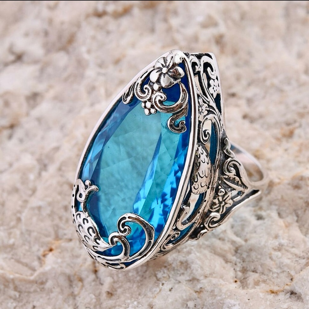 Bali Legacy Caribbean Quartz Peacock Ring 26.25ct Sterling Silver Size 9 NWT - Picture 12 of 17